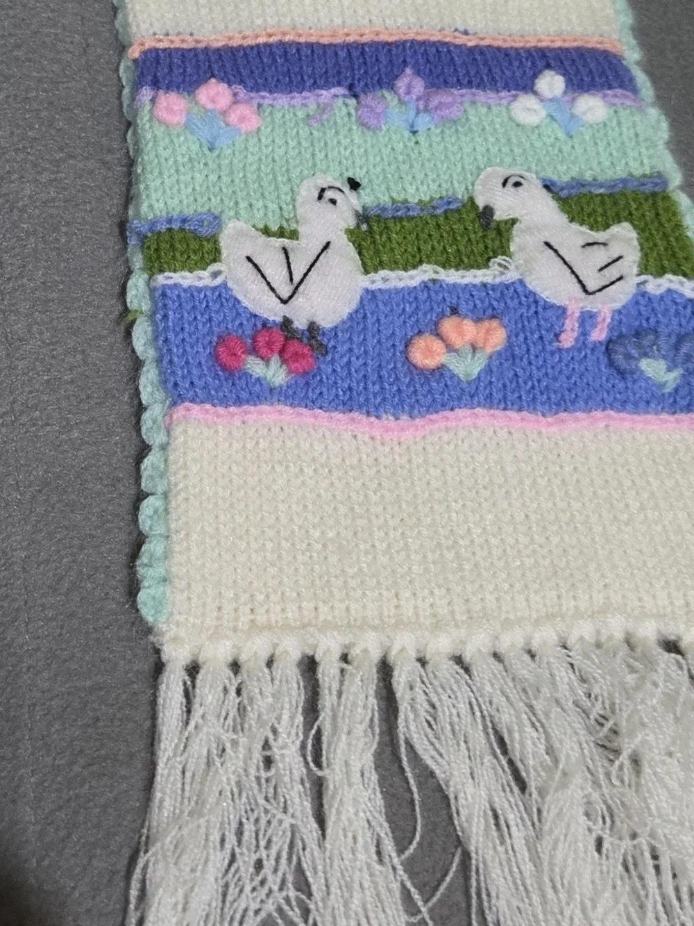 Whimsical Knit Scarf Lambs Chicks Sun Rain Cloud Embroidered Fringe Cottagecore